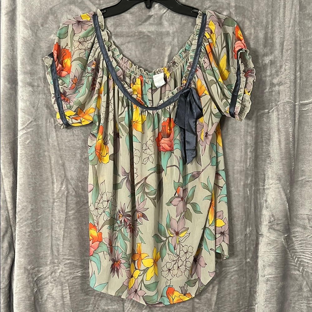 Cabernet Yellow and Gray Puff Sleeve Semi Sheer Blouse